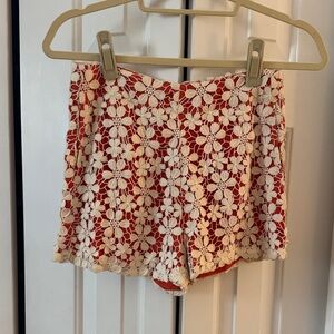 Elegant Floral Lace High Waist Shorts - Cream and Orange